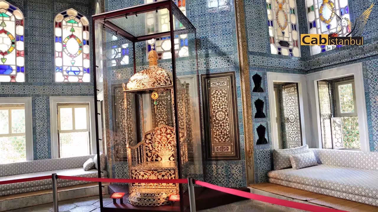 Blue-tiled palace room with gilded Ottoman throne display at Topkapi Palace, Istanbul Turkey vacation package