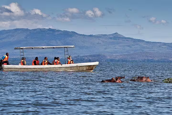 Tourists on a boat observe hippos in Lake Naivasha during a 4-Day Masai Mara and Lake Safari.