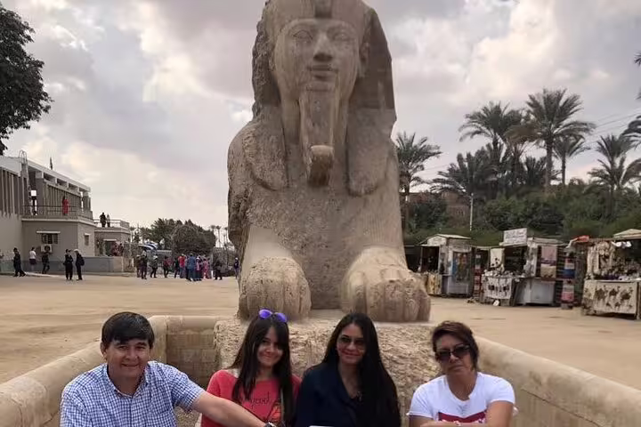 Tourists at the Memphis Sphinx statue on a private Sakkara, Memphis and Dahshur tour with transfers