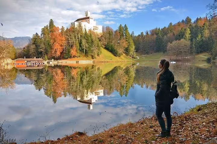 Trakoscan Castle reflected in tranquil lake, traveler viewpoint on day trip from Zagreb with lunch and wine tasting