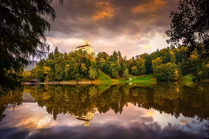Trakoscan Castle reflected in the lake at sunset, scenic stop on a private day tour from Zagreb, Croatia