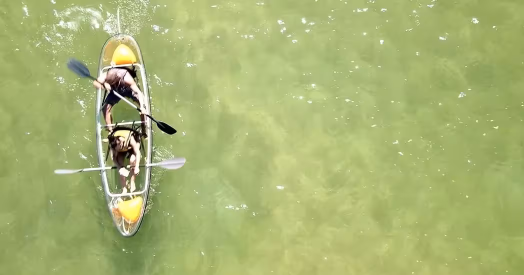 Top-down view of two people paddling a transparent kayak on clear green water during a 2-hour kayak rental