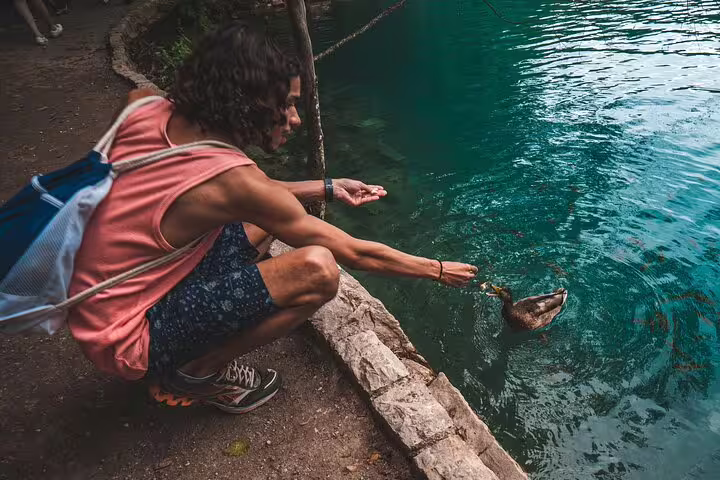 Traveler feeding a duck by crystal-clear turquoise water on a Private Plitvice Lakes tour in Croatia