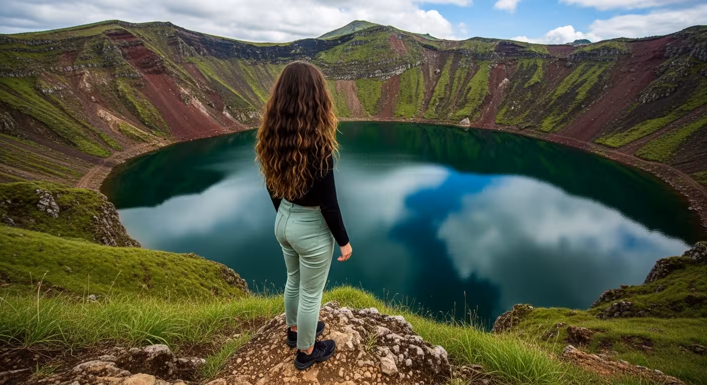 A traveler stands on the rim of the Kerið volcanic crater, with its striking red rock walls and deep blue-green lake below.