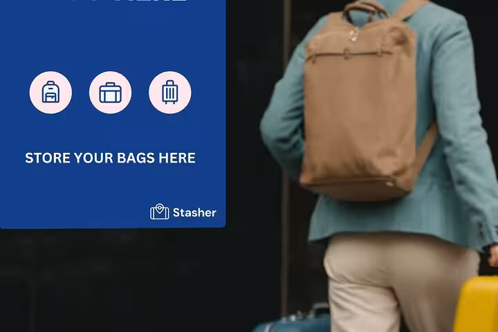 Traveler with backpack and suitcase beside “Store your bags here” sign for Miami luggage storage