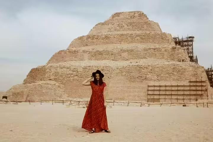 Traveler at Saqqara Step Pyramid near Giza, highlight of a 2-day private tour with guided Egypt sightseeing