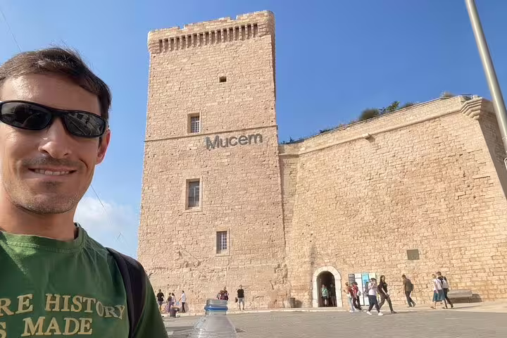 Traveler selfie at Mucem in Marseille on a self-guided scavenger hunt and sights tour near Fort Saint-Jean