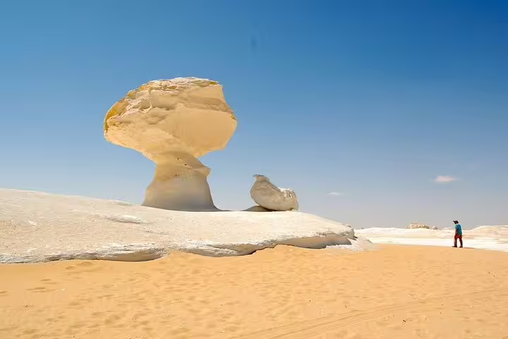 Traveler near giant chalk mushroom in Egypt White Desert, included in 7 days 6 nights Siwa Bahariya tour