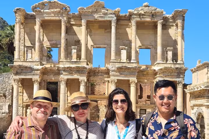 Travelers pose at the Library of Celsus, Ephesus, on a 4-day 7 Churches of Revelation tour in Turkey