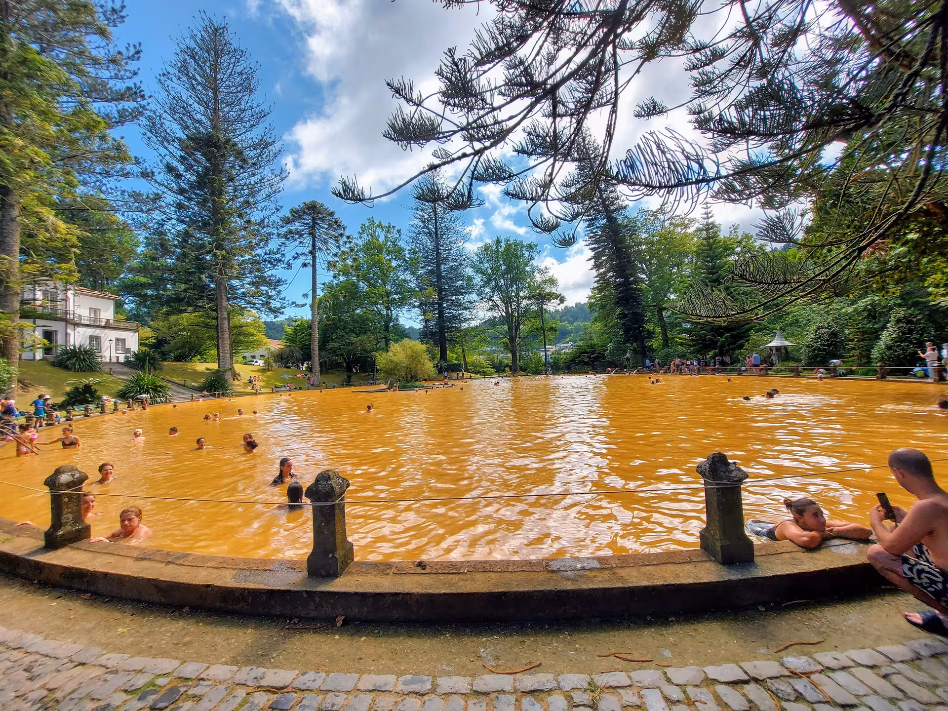 Travelers relax in the iron-rich thermal pool at Terra Nostra Gardens in Furnas, São Miguel, surrounded by lush forest