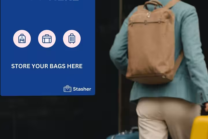 Traveller with backpack and suitcase beside store your bags sign for Melbourne luggage storage near CBD