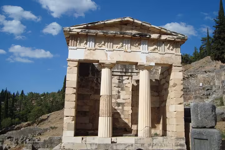 Treasury of the Athenians at Delphi, ancient Greek ruins visited on a 2-day Meteora and Delphi luxury private trip