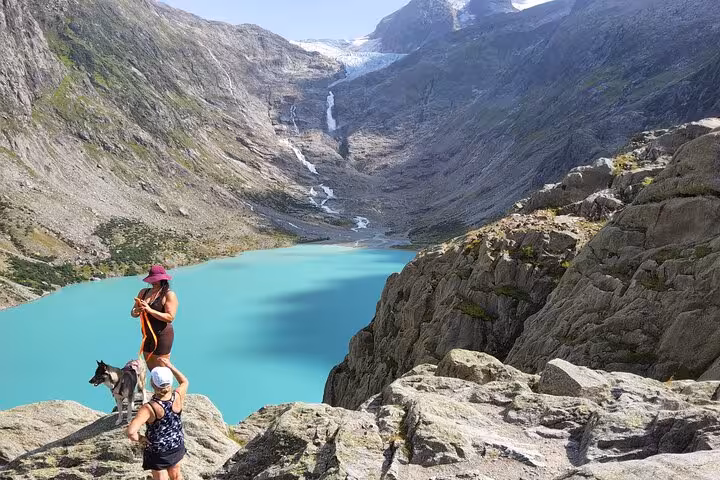 Hikers overlooking turquoise Triftsee lake and glacier valley on Zurich day trip to Trift Suspension Bridge