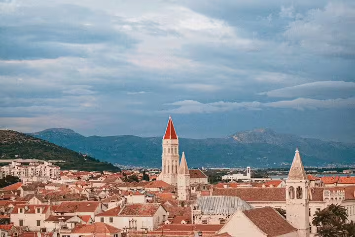 Panoramic view of Trogir old town rooftops and cathedral bell tower, highlight of a private walking tour