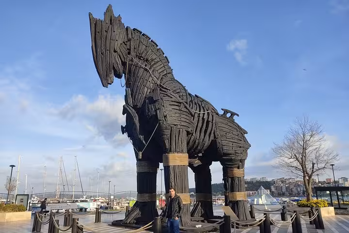 Wooden Trojan Horse replica at Canakkale waterfront, photo stop on Troy full-day tour from Istanbul