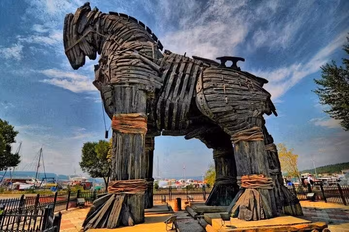 Wooden Trojan Horse replica at Canakkale waterfront, highlight stop on Troy full-day tour from Istanbul