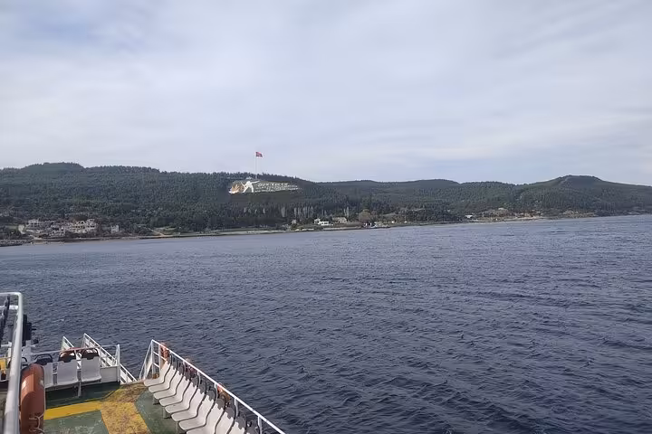 Ferry crossing the Dardanelles toward Canakkale, scenic transfer on Troy full-day tour from Istanbul with lunch