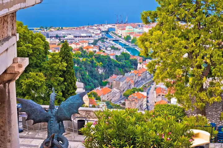Panoramic view from Trsat Castle over Rijeka harbor and rooftops, highlight of Zagreb to Opatija private tour