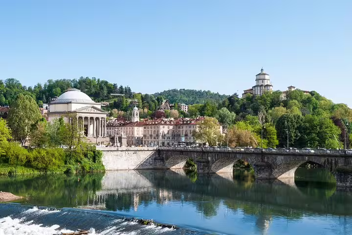 Po River view with Gran Madre church and bridge in Turin, perfect for a self-guided scavenger hunt tour