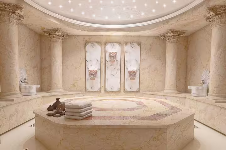 Elegant Turkish hammam marble platform in Hurghada VIP spa, full body massage and relaxation