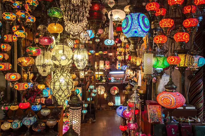 Colorful Turkish mosaic lamps in Istanbul bazaar shop, highlight of 8-day Istanbul Cappadocia tour by flights