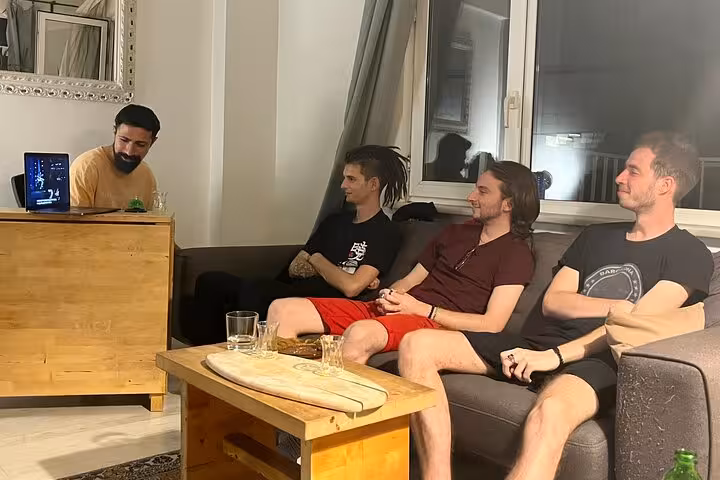 Sip & Connect Istanbul Turkish tea tasting meetup, small group networking in cozy living room with tea glasses