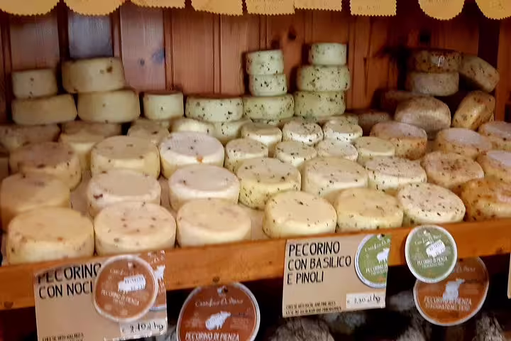 Display of traditional Tuscan pecorino cheeses with herbs in a farm shop, featured on a Pisa and Lucca wine tasting tour
