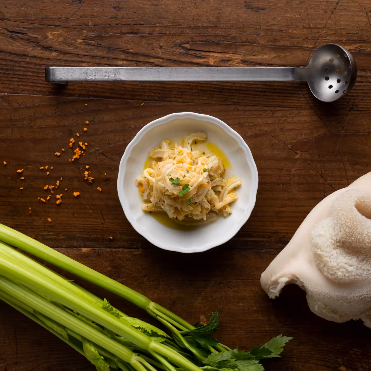 Tuscan starter plated with olive oil and herbs at Cibrèo cooking class, Helvetia & Bristol Florence