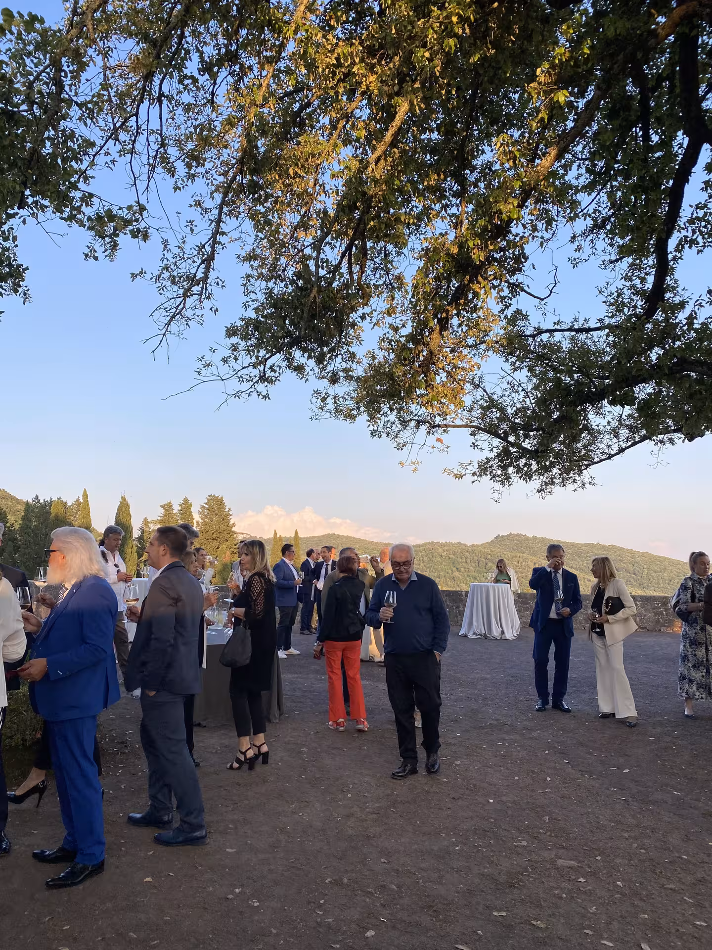 Elegant gathering with guests sipping wine under a tree against a backdrop of scenic Tuscan hills during sunset.