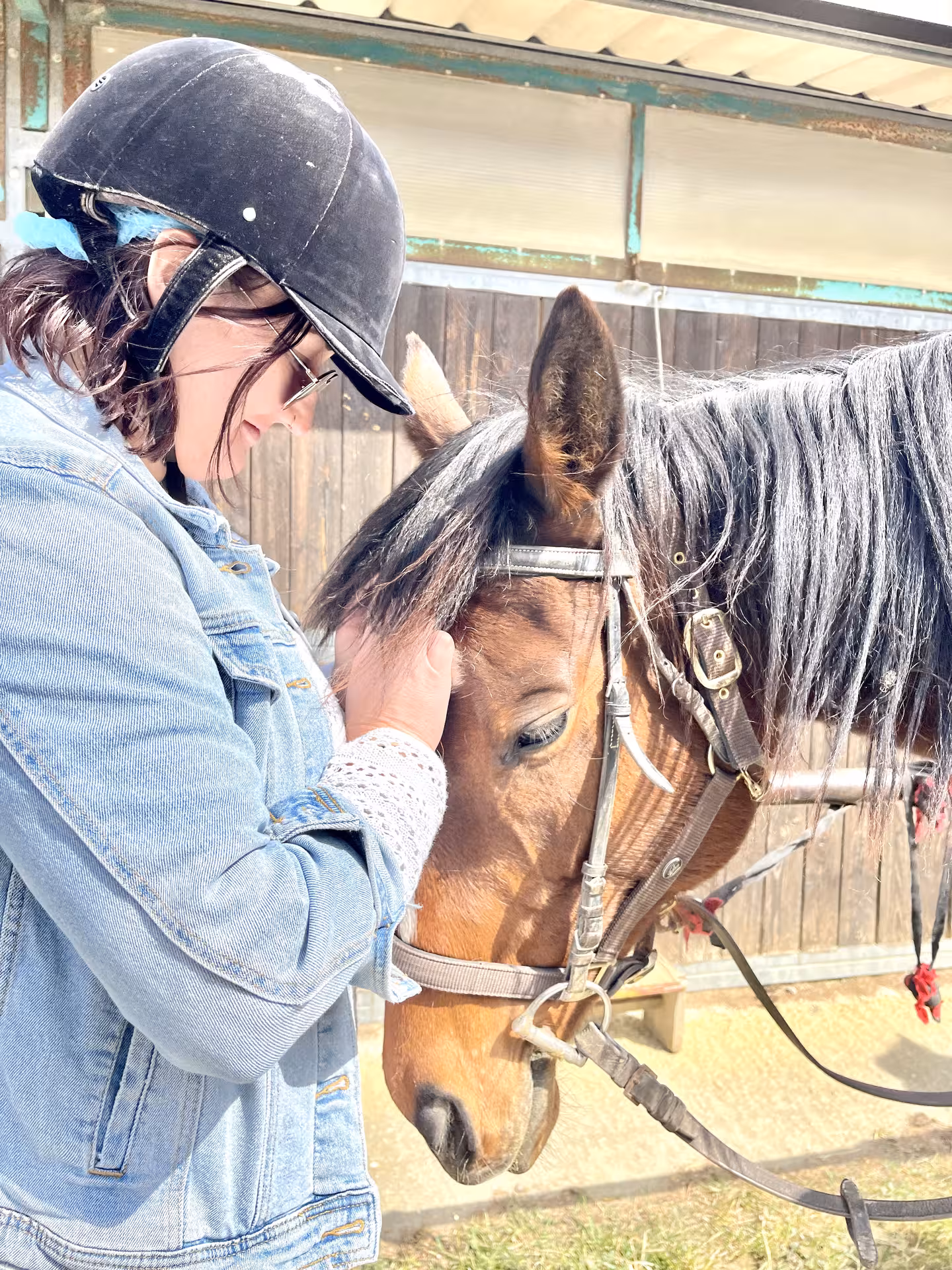 Rider gently bonding with horse at Tuscany equestrian center.