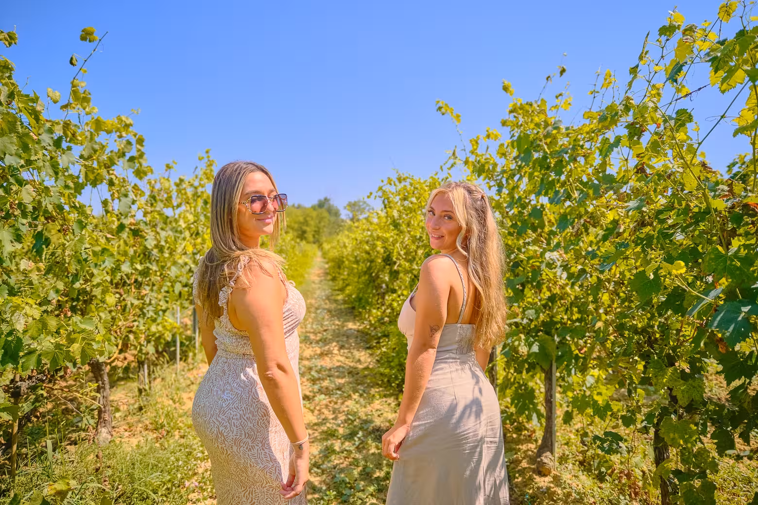 Two women walking through lush vineyards on a sunny day in Tuscany during a Pisa, Siena, and San Gimignano tour.