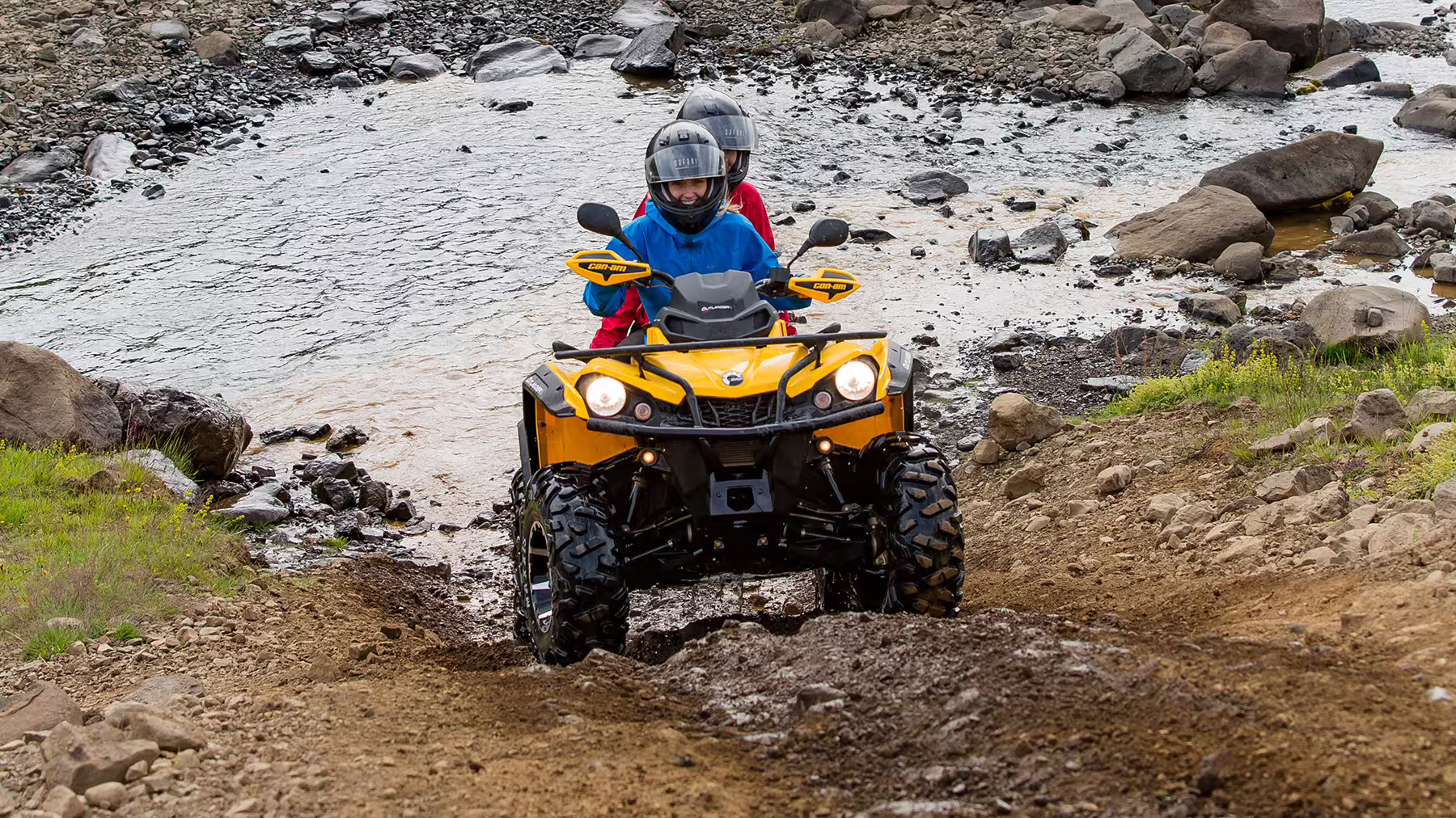 Riders enjoy an exhilarating 2-hour Twin Peaks ATV adventure, navigating rugged terrain and scenic river crossings.