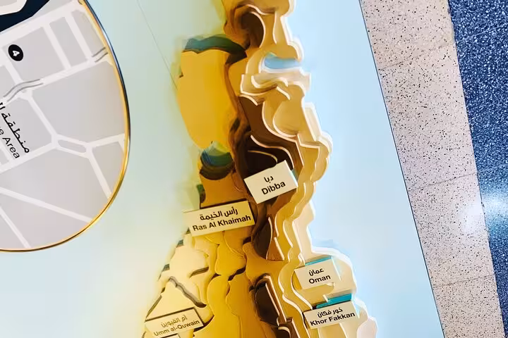 3D UAE map display showing emirates like Ras Al Khaimah and Dibba, ideal for Emirates history tour