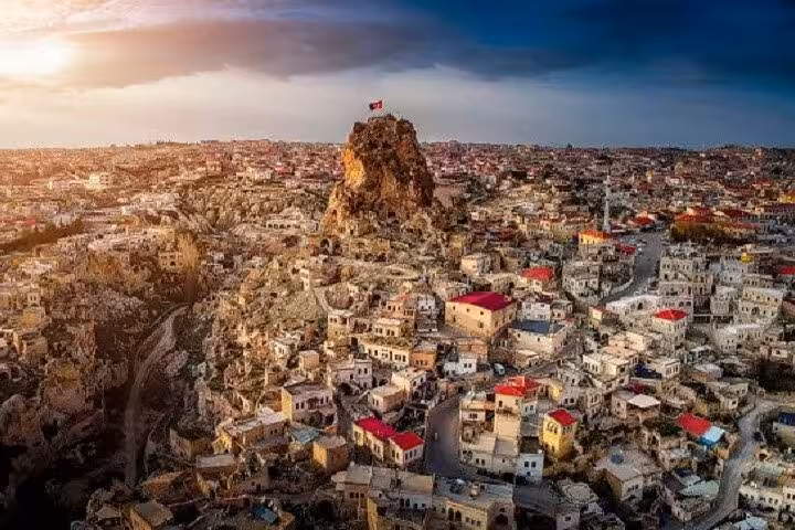 Panoramic view of Uchisar Castle and Cappadocia townscape, featured on 5-day Turkey tour itinerary