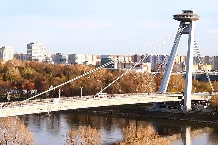 UFO Bridge over the Danube in Bratislava skyline, highlight of a private day trip from Vienna