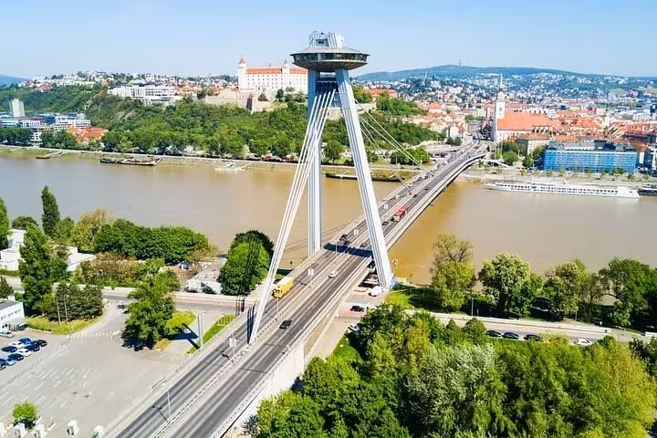 UFO Bridge over the Danube in Bratislava, highlight stop on Vienna to Budapest private one-way transfer