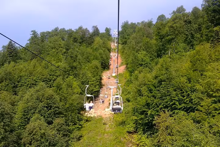 Uludag chairlift ride through lush forest on Bursa day tour from Istanbul with lunch and cable car option