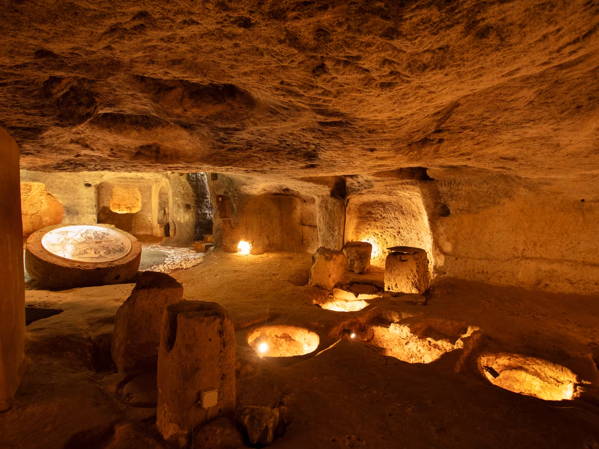 Well-preserved underground olive mill chambers near Otranto with stone artifacts and ambient lighting.