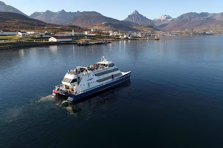Tour boat cruises through Beagle Channel with Ushuaia mountains in the background, perfect for a half-day adventure.