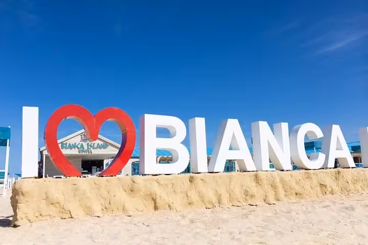 I Love Bianca sign on Utopia Bianca Island beach, Hurghada day trip with transfer and lunch included