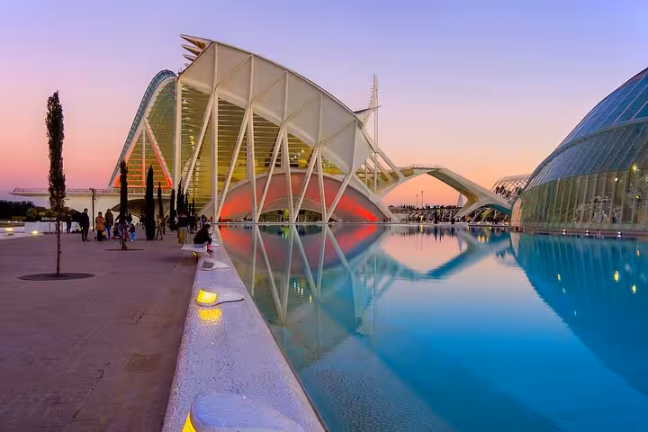 City of Arts and Sciences at sunset in Valencia, iconic landmark on e-bike tour before catamaran cruise