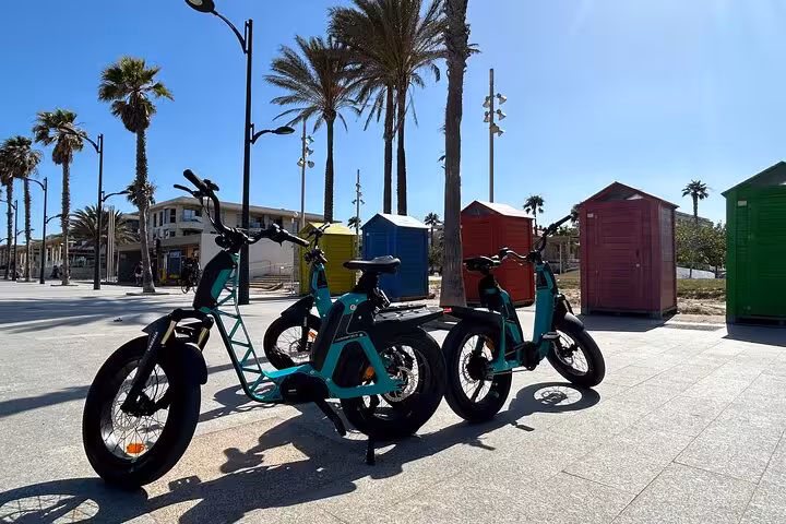 Valencia e-bikes by colorful beach huts and palm-lined paseo, perfect for Beaches and City of Arts tour