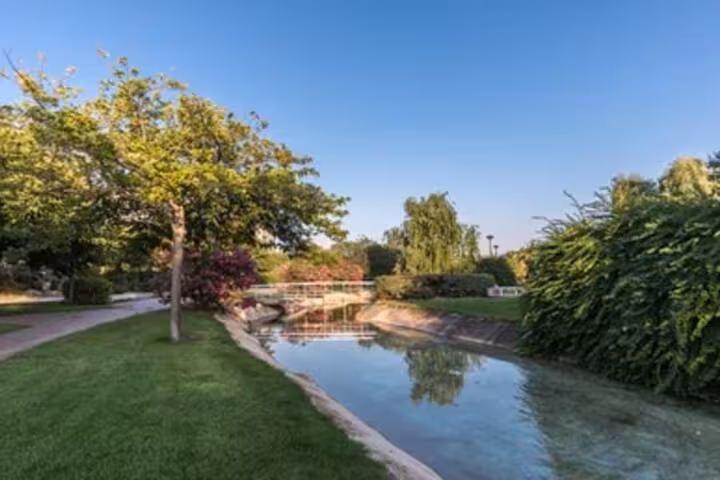 Peaceful canal and footbridge in Valencia Turia Gardens, green route highlight on Valencia e-bike tour