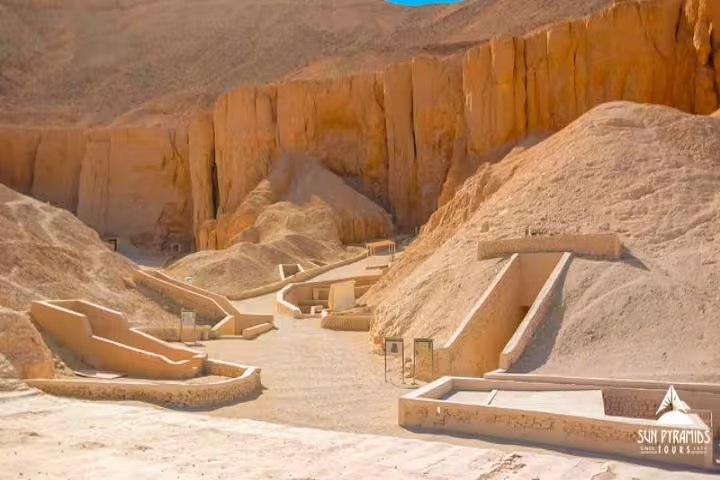 Valley of the Kings tomb entrances and desert cliffs in Luxor, Egypt, on a 3-day Luxor city break tour