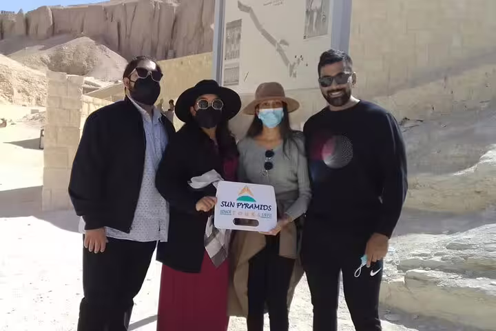 Group photo at Valley of the Kings on private Luxor tour from Cairo by flight with Egypt guide