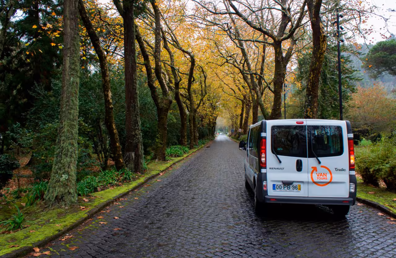 Tour van driving along a tree-lined cobblestone road in São Miguel on the Seven Cities Sete Cidades half-day van tour