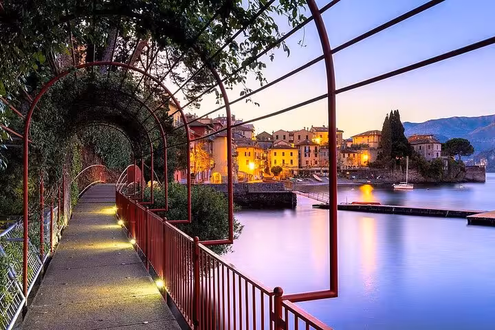 Varenna lakeside promenade at sunset on Lake Como cruise from Milan, en route to Bellagio day trip