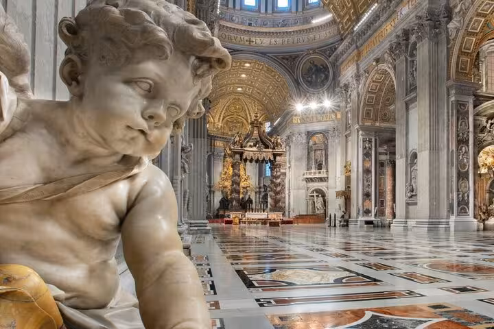 Cherub statue in opulent Vatican Museum hall, highlighting exquisite artistry on fast track guided Sistine Chapel tour.