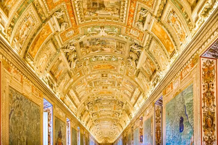Ornate ceiling of the Vatican Museums, highlighting Renaissance art on the Colosseum and Vatican guided tour.