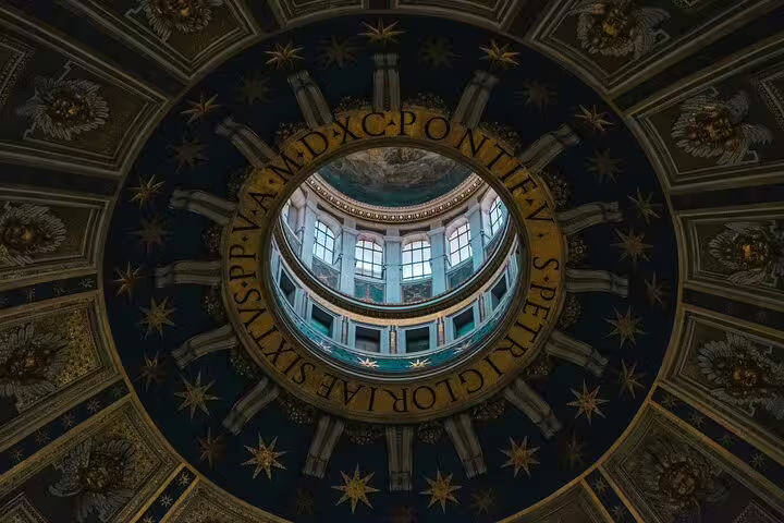 Ornate Vatican Museums dome ceiling with Latin inscription, Vatican Museum & Sistine Chapel entry ticket experience